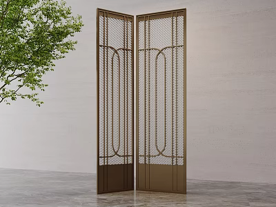 Decorative Golden Brown Metal Screen With Intricate Lattice Design And Green Plant 3d model