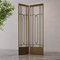 Decorative Golden Brown Metal Screen With Intricate Lattice Design And Green Plant