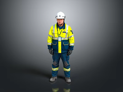 A Man In Yellow Reflective Safety Vest And White Hard Hat Standing Against Grey Background 3d model