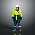 A Man In Yellow Reflective Safety Vest And White Hard Hat Standing Against Grey Background