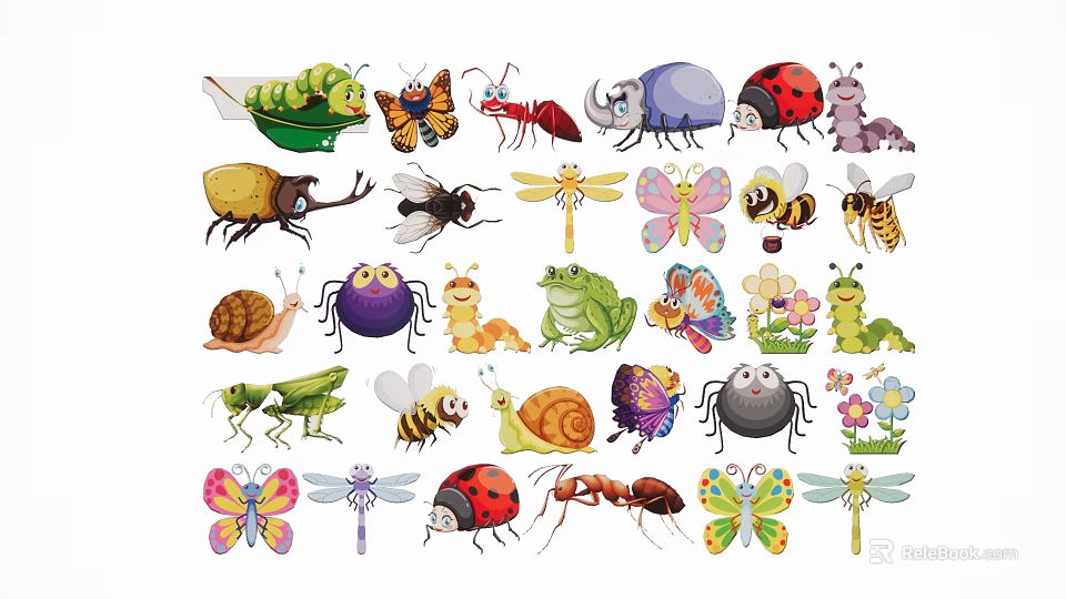 Colorful Cartoon Insect Silhouettes Collection Featuring Various Bugs And Animals 3d model 