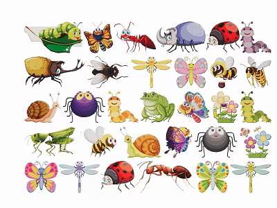 Colorful Cartoon Insect Silhouettes Collection Featuring Various Bugs And Animals 3d model