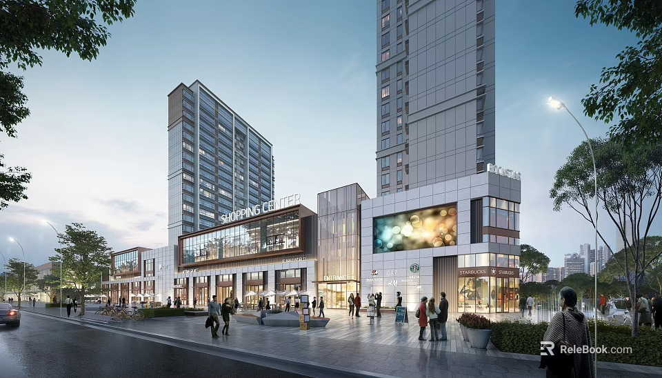 Modern Commercial Street With High Rise Buildings Pedestrians Shops And Digital Screens 3d model 