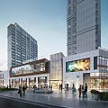 Modern Commercial Street With High Rise Buildings Pedestrians Shops And Digital Screens