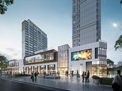 Modern Commercial Street With High Rise Buildings Pedestrians Shops And Digital Screens 3d model