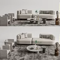 Light Colored Sofa Coffee Table Combination With Accent Chairs Textured Rug And Decorative Plants
