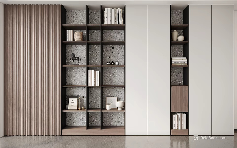 Modern Bookcase Interior Design With Multi Compartment Shelves Wooden White Finish Decorative Sculptures Frames Vases 3d model 