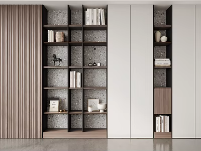 Modern Bookcase Interior Design With Multi Compartment Shelves Wooden White Finish Decorative Sculptures Frames Vases 3d model