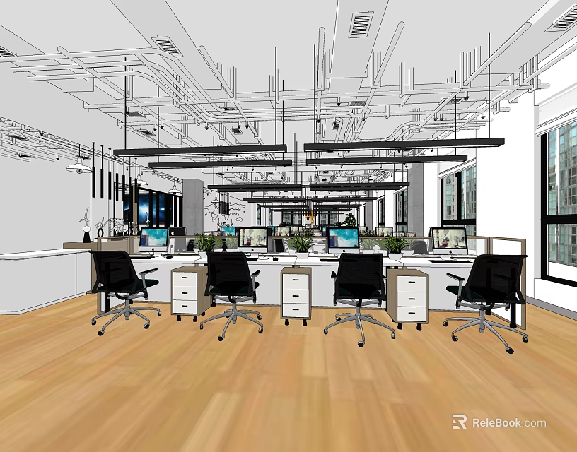 Public Office Space With Open Workstations Ergonomic Chairs Green Plants Wooden Flooring And Natural Light 3d model 