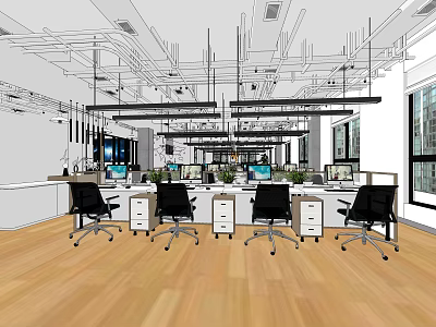 Public Office Space With Open Workstations Ergonomic Chairs Green Plants Wooden Flooring And Natural Light 3d model