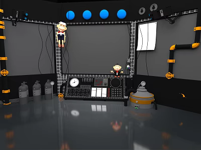 Cartoon Animal Characters In Tech Room With Blue Lights And Control Panel 3d model
