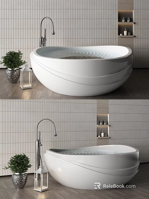 Modern White Freestanding Bathtub With Sleek Surface Tiled Wall Faucet And Storage Shelf 3d model 