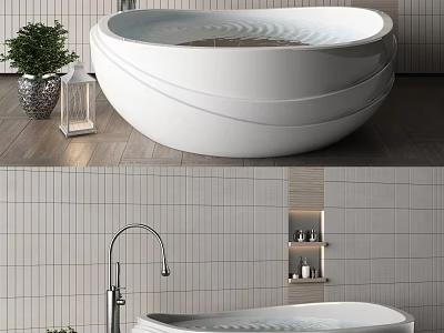 Modern White Freestanding Bathtub With Sleek Surface Tiled Wall Faucet And Storage Shelf 3d model