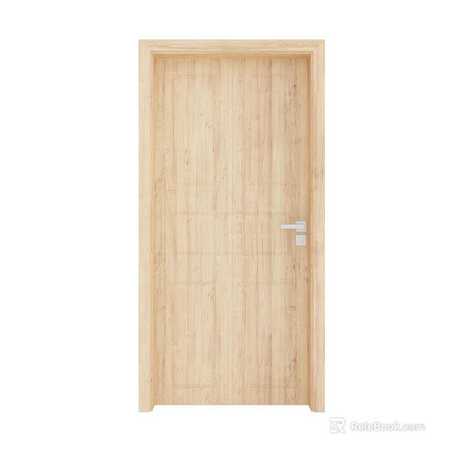 Light Wood Hinged Door With Simple Vertical Panel Design And Silver Handle 3d model