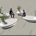 Modern White Curved Public Chairs With Green Potted Plants In Outdoor Plaza