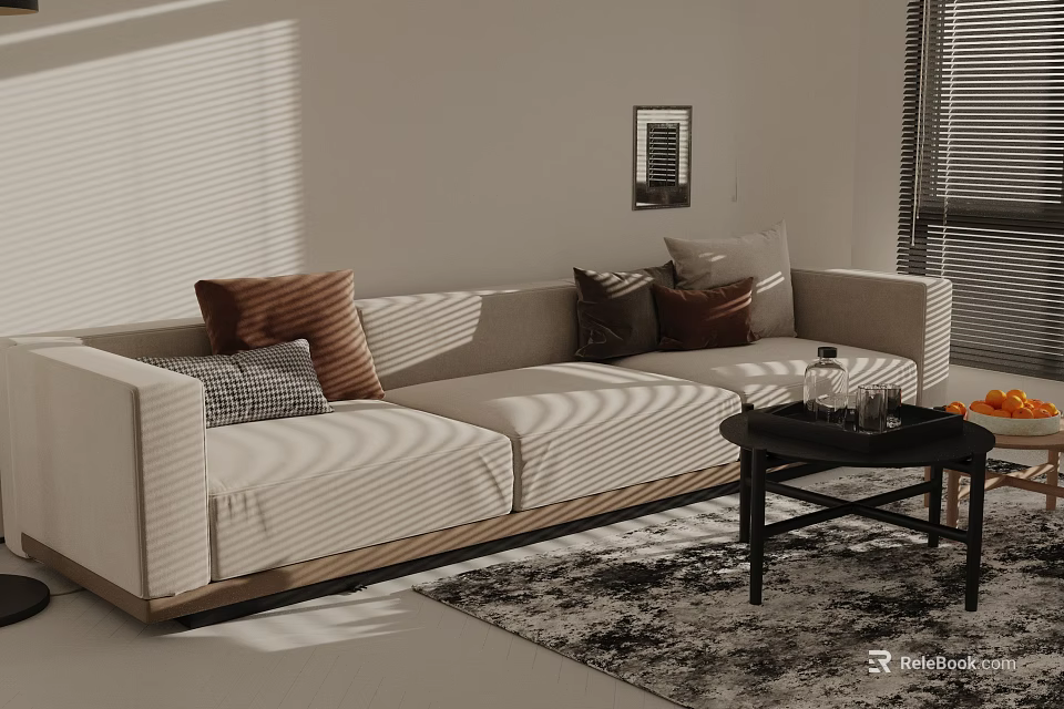 Neutral Three Seater Sofa with Mixed Pillows and Coffee Table in Sunlit Minimalist Living Room 3d model 