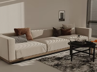 Neutral Three Seater Sofa with Mixed Pillows and Coffee Table in Sunlit Minimalist Living Room 3d model