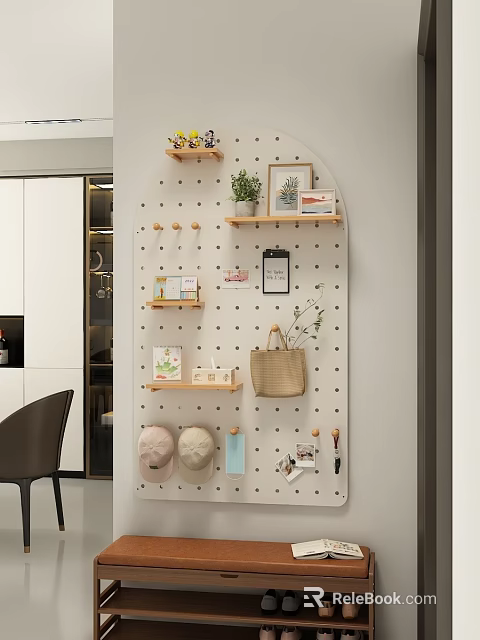 White Pegboard Wall Decor With Hooks Wooden Shelves Storage Bags And Small Plants In Kitchen 3d model 