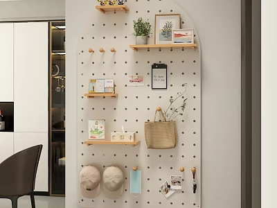 White Pegboard Wall Decor With Hooks Wooden Shelves Storage Bags And Small Plants In Kitchen 3d model