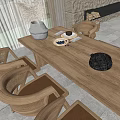 Wooden Dining Table With Rattan Chairs Ceramic Vase Tray Cutlery Against Curtains Stone Wall
