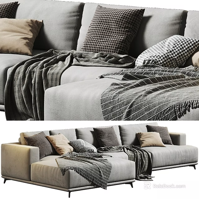 Modern Two Seater Sofa With Soft Decorative Pillows And Knitted Blanket 3d model