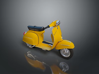 Yellow Classic Scooter With Black Seat And Shiny Reflection On Dark Surface 3d model