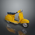 Yellow Classic Scooter With Black Seat And Shiny Reflection On Dark Surface