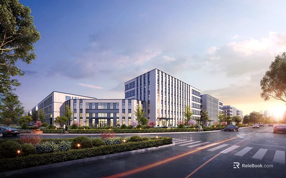 Modern Multi Story Office Building With Glass Facade And Landscaped Gardens 3d model 