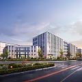 Modern Multi Story Office Building With Glass Facade And Landscaped Gardens