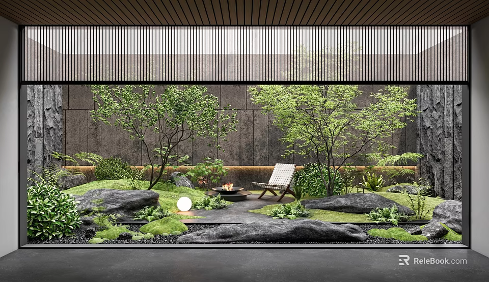 Modern Garden Landscape With Trees Rocks Lawn Wooden Ceiling Lounge Chair And Fire Pit 3d model 