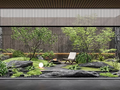 Modern Garden Landscape With Trees Rocks Lawn Wooden Ceiling Lounge Chair And Fire Pit 3d model