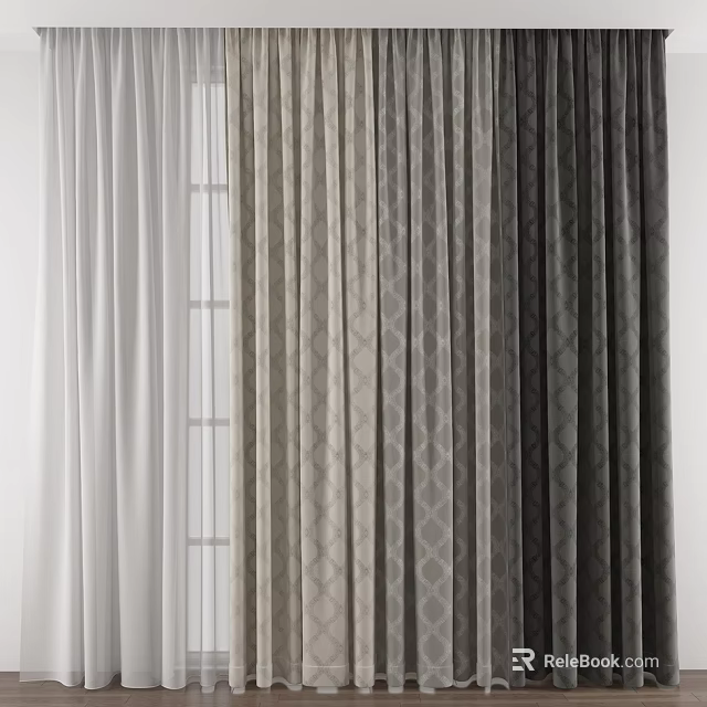Elegant Window Curtains In White Light Dark Gray And Patterned Design 3d model