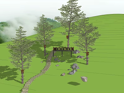 Natural Landscape With Green Grassland Trees Pathway Stone Bench And Misty Mountains 3d model