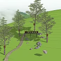 Natural Landscape With Green Grassland Trees Pathway Stone Bench And Misty Mountains