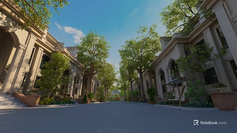 Spacious Road With Green Trees And Residential Buildings Under Clear Sky 3d model 