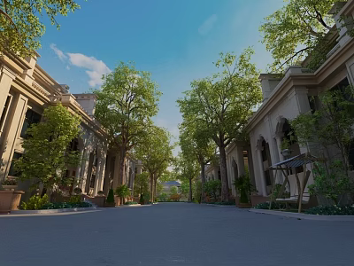 Spacious Road With Green Trees And Residential Buildings Under Clear Sky 3d model