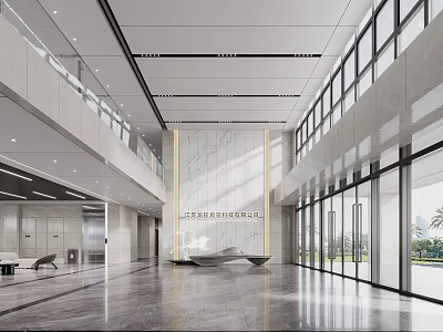 Modern Spacious Bright Office Reception Lobby With Elegant Marble Interior And Large Panoramic Glass Windows 3d model