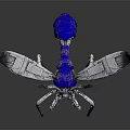 Mechanical Insect With Blue Body Silver Wings And Metallic Legs On Dark Background