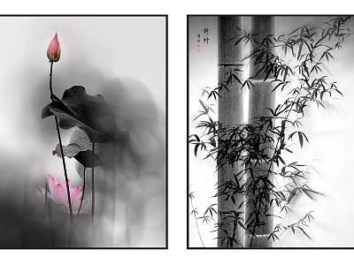 Traditional Chinese Ink Paintings With Lotus Flowers And Bamboo Stalks 3d model