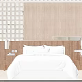 Modern Double Bed Interior With White Bedding Wooden Wall Panel Nightstands And Table Lamps