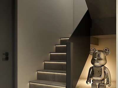 Modern Concrete Staircase With LED Step Lights And Silver Bear Decorative Ornament 3d model