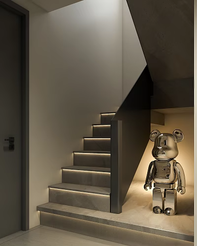 Modern Concrete Staircase With LED Step Lights And Silver Bear Decorative Ornament 3d model