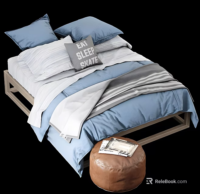 Stylish Double Bed With Blue White Gray Striped Bedding Decorative Pillow And Brown Leather Ottoman 3d model 