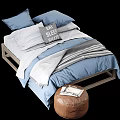 Stylish Double Bed With Blue White Gray Striped Bedding Decorative Pillow And Brown Leather Ottoman