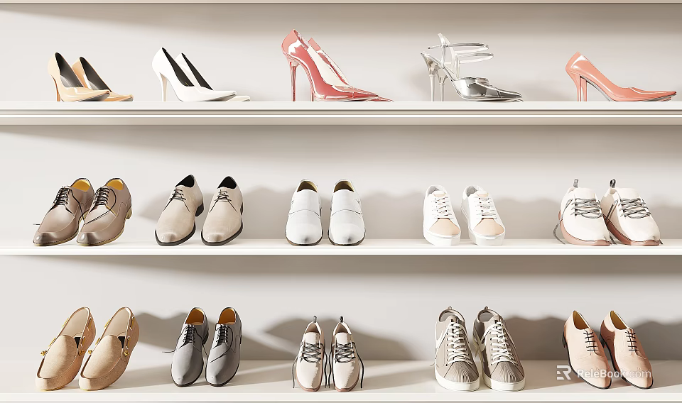 Stylish Shoes Collection Displayed on White Shelves with Various Styles and Colors 3d model 