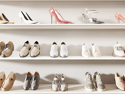 Stylish Shoes Collection Displayed on White Shelves with Various Styles and Colors 3d model