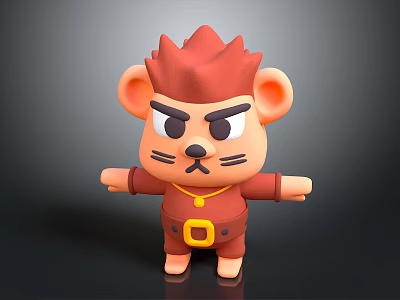 3D Cartoon Mouse Character Sculpture With Red Spiky Hair Brown Outfit And Fierce Expression 3d model