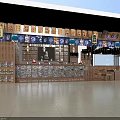 Traditional Restaurant Interior With Wooden Counter Hanging Lanterns Display Shelves And Large Screens