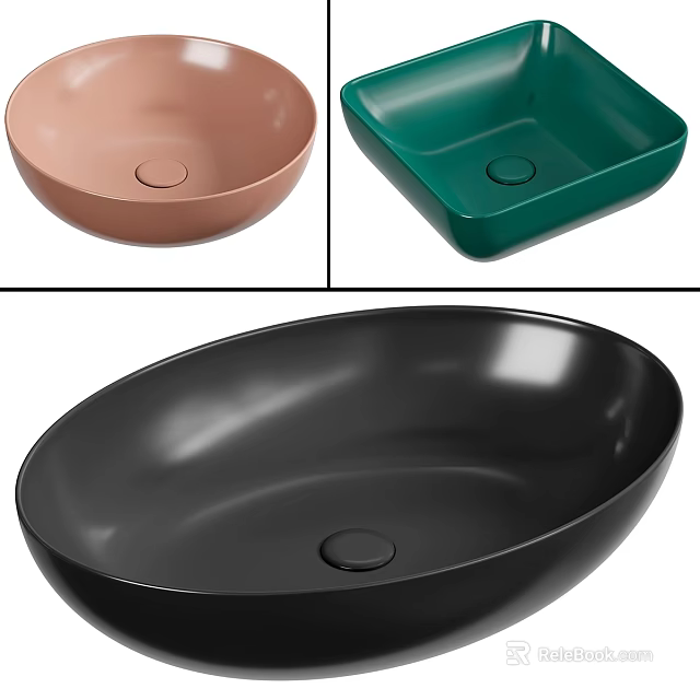 Pink Round Green Square and Black Oval Washbasin Styles for Modern Bathrooms 3d model 