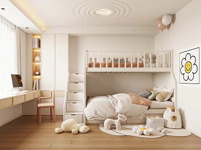Cozy Kids Room Interior With Bunk Bed Desk And Plush Toys 3d model